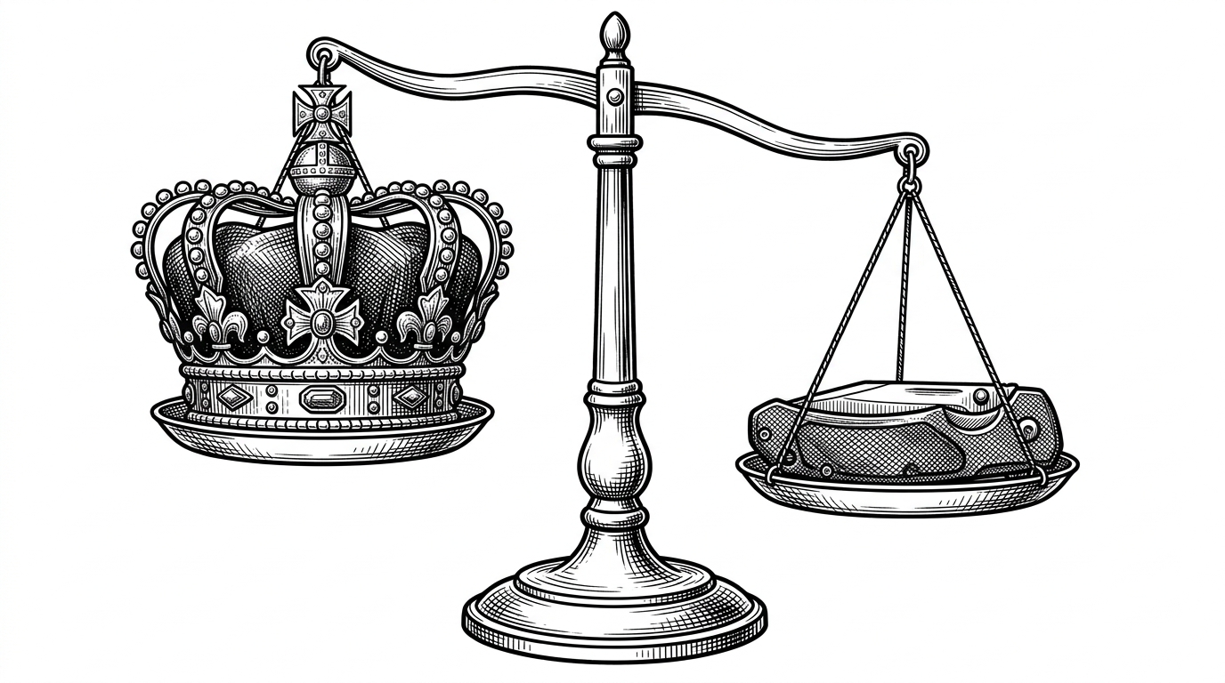 A balance scale tipping heavily in favor of a compact pocket knife over a massive jeweled crown, illustrating capital efficiency.