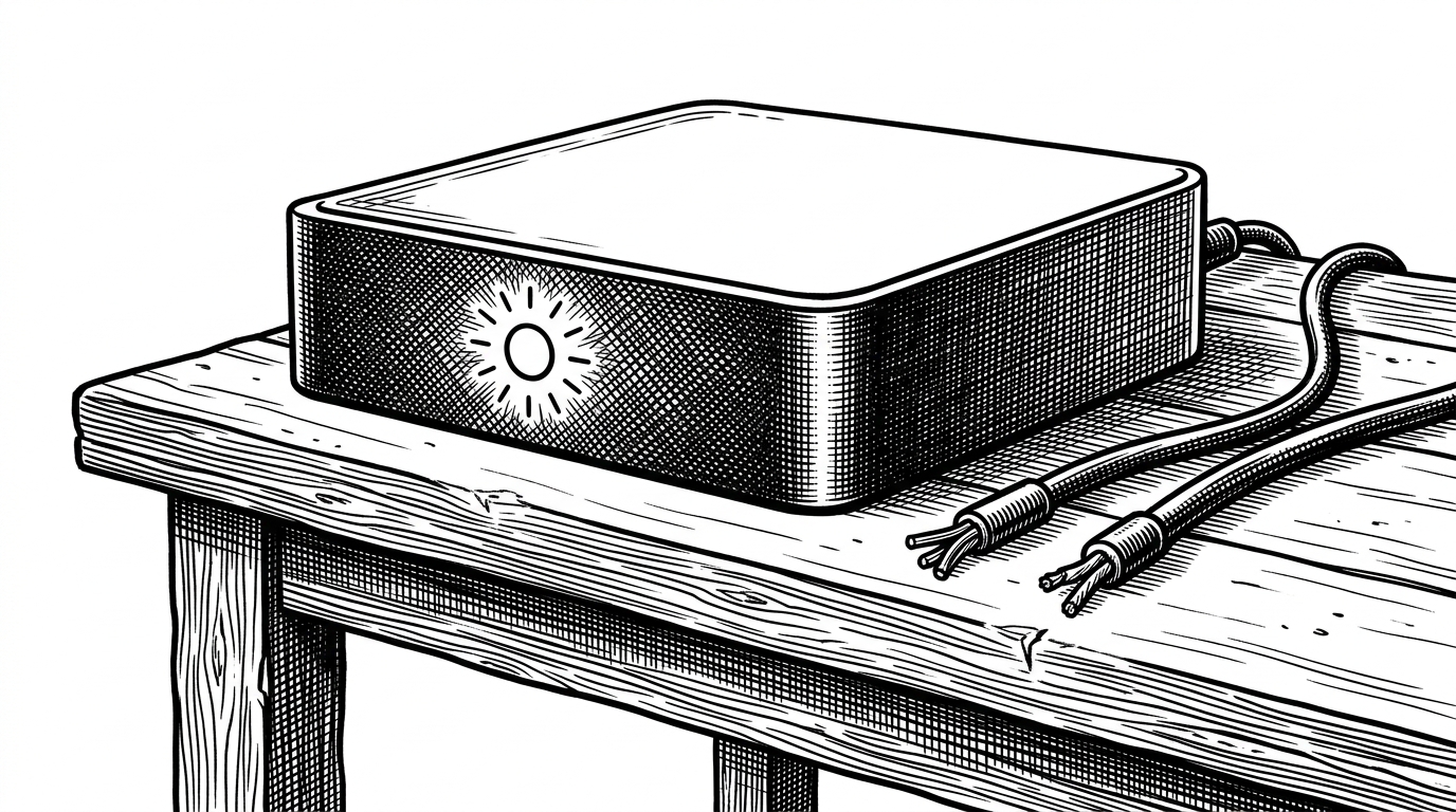 A sleek, unplugged hardware appliance resting on a workbench, symbolizing the off-grid nature of local AI devices.