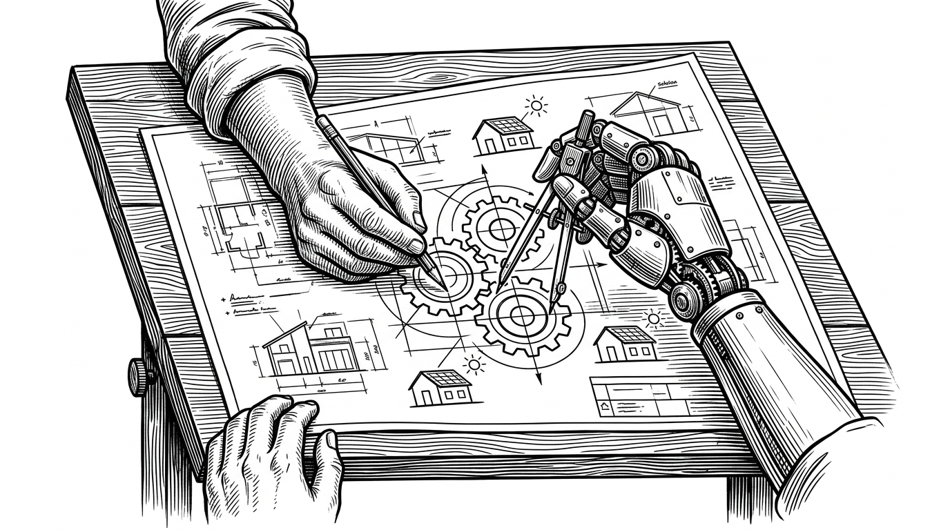 A close-up, top-down view of a classic wooden drafting table. Two hands are working collaboratively on a single architectural blueprint. One hand is human, holding a drafting pencil. The other hand is mechanical, holding a metal compass. They are drawing perfectly aligned, interconnected geometric shapes. The image illustrates the concept of a codebase explicitly designed as a collaborative workspace for humans and AI agents.