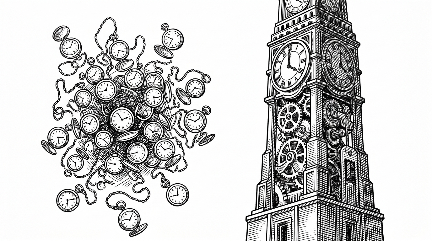 A chaotic, scattered pile of dozens of disconnected, tiny pocket watches with tangled chains on the left. On the right, a single, massive, beautifully intricate clockwork tower standing tall and solid, with visible interlocking gears. The image contrasts the complexity of microservices with the power of a unified monolith.