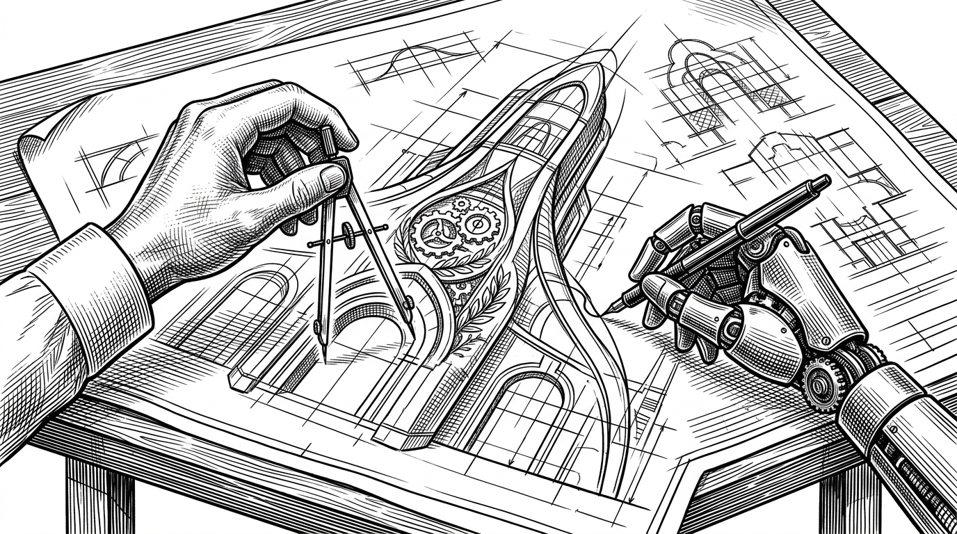 A sprawling architectural blueprint spread across a wooden drafting table. On the left side, a human hand holds a precise metal compass. On the right side, a sleek mechanical robotic hand holds an ink drafting pen. Both are working simultaneously on the same structural drawing. This illustrates the collaborative nature of AI and human developers working on the Cornerstone codebase.