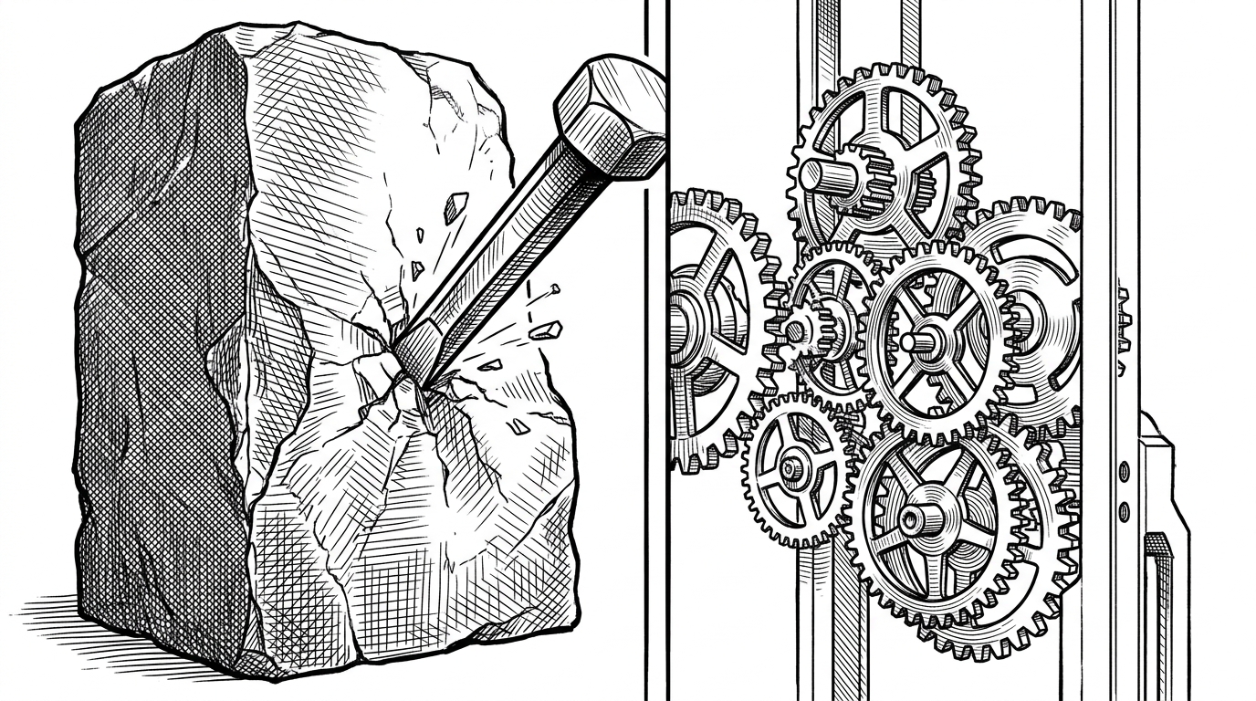 The composition is split into two halves. The left side depicts a massive, monolithic stone block being chipped away by a single heavy chisel. The right side depicts a neat, organized collection of interchangeable brass clockwork gears sliding smoothly into a modular frame. A clear visual contrast showing rigid monoliths versus swappable modules.