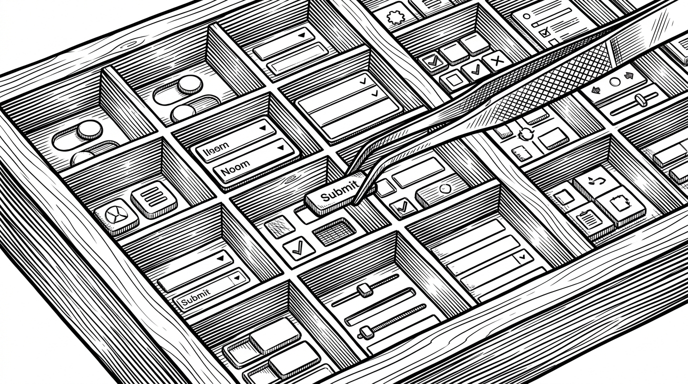 A close-up view of a traditional typesetter's wooden tray. Instead of lead letters, the individual compartments hold tiny, perfectly formed web UI elements like a button, a dropdown menu, and a toggle switch. A pair of fine metal tweezers is delicately lifting one of the buttons out of its designated slot. This represents the modular, copy-paste nature of the UI components.