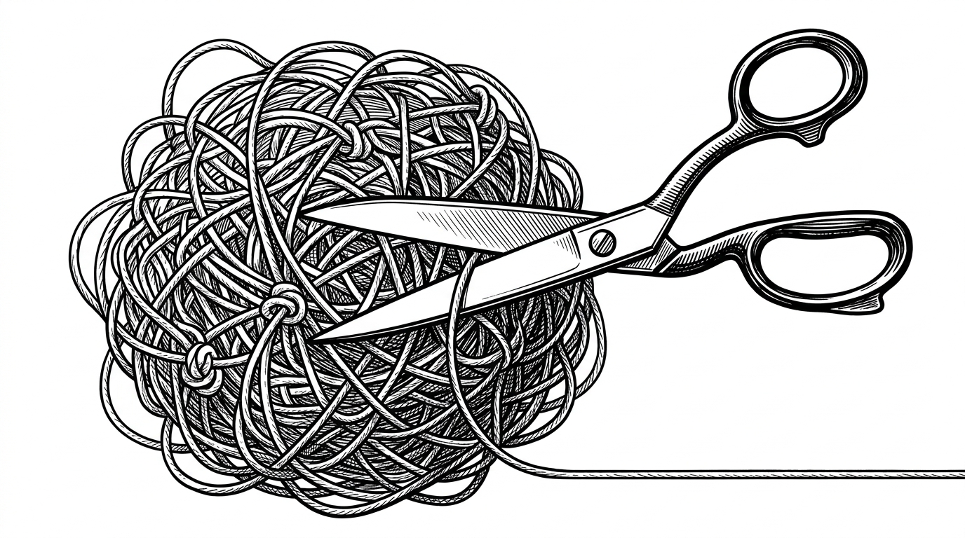Heavy tailor's scissors cleanly snipping a tangled ball of knotted string, leaving a single straight thread.