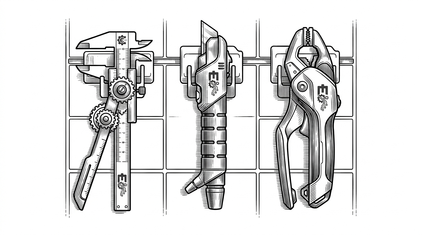 A minimalist tool wall holding three perfectly machined tools, representing the zero-baggage frontend architecture.