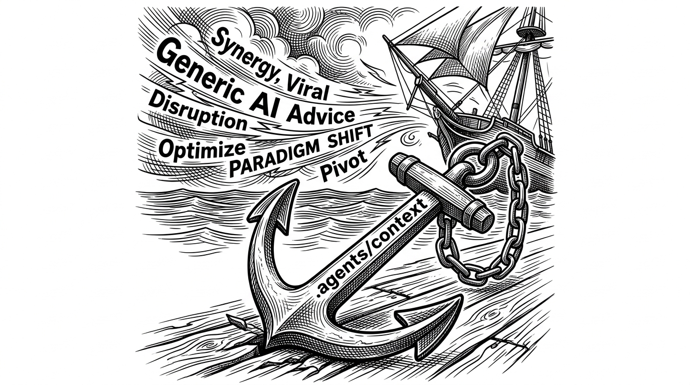 A massive, stylized anchor labeled '.agents/context' hooked deep into the floorboards of a ship representing a codebase. Above water, a storm of generic AI advice blows past, unable to move the ship.
