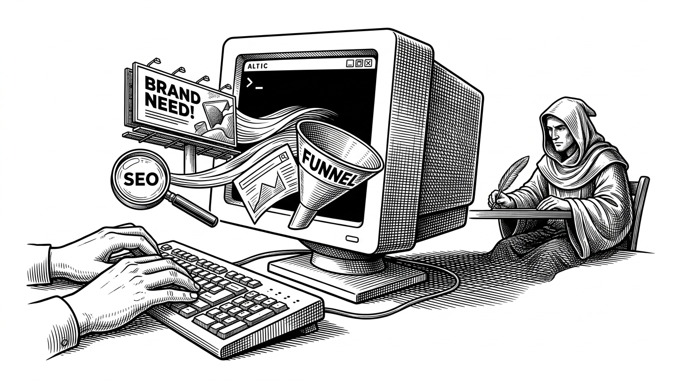 A classic command-line interface on a monitor. The output flowing out of the screen transforms into physical marketing assets: a billboard, a magnifying glass, and a funnel. A human hand types a simple command, while the shadow of the computer resembles a robed strategist.