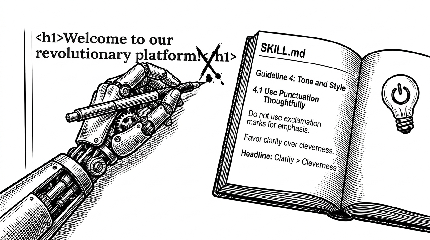 A close-up of a mechanical hand holding a drafting pen, carefully crossing out an exclamation point in a line of code representing a website headline. Next to it, a 'Rulebook' is open to a page showing 'Clarity > Cleverness'.