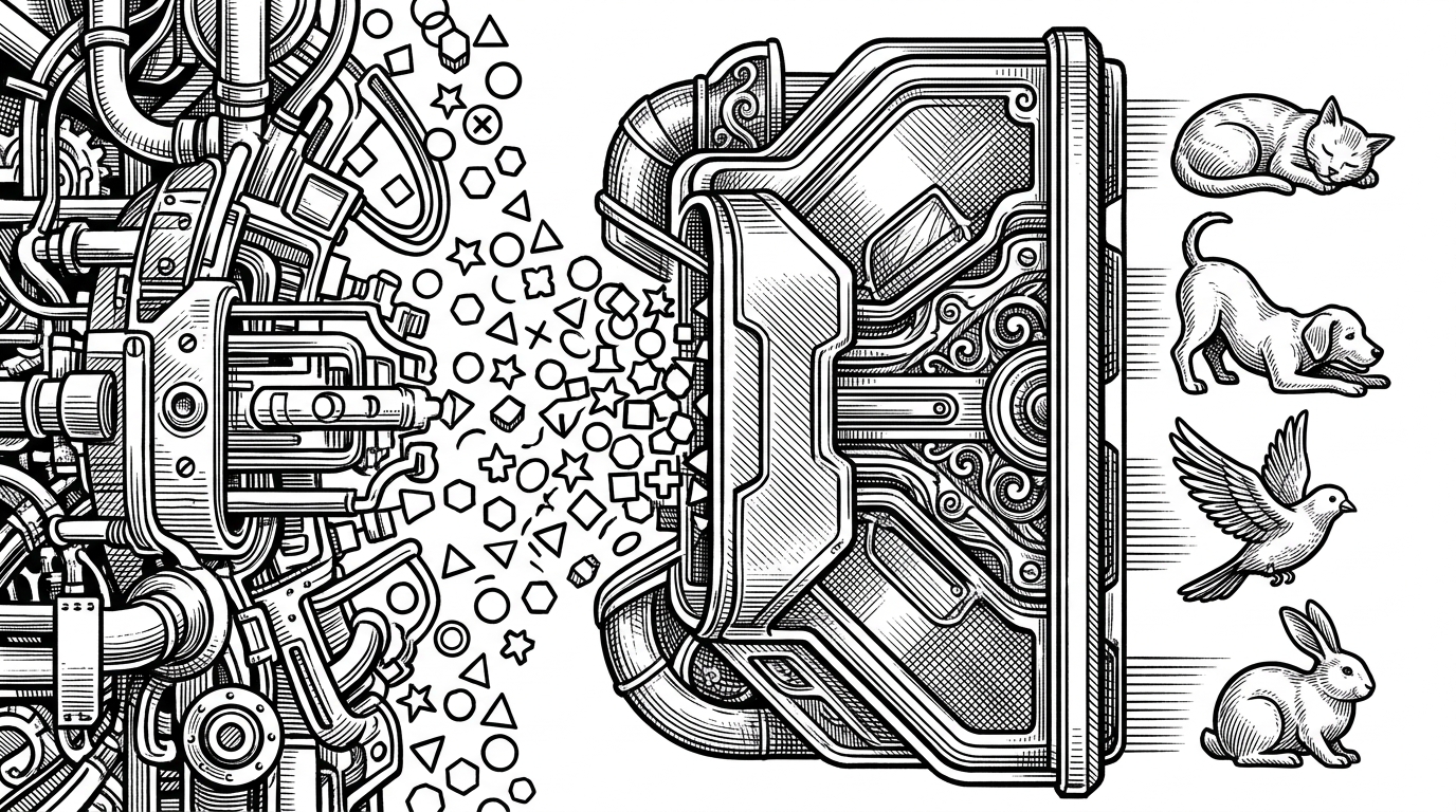 A close-up mechanical diagram shows many small event tokens entering a translator plate and emerging as a few clean pet states on the other side. The scene explains how Petdex converts specific agent hooks into a single unified runtime model.