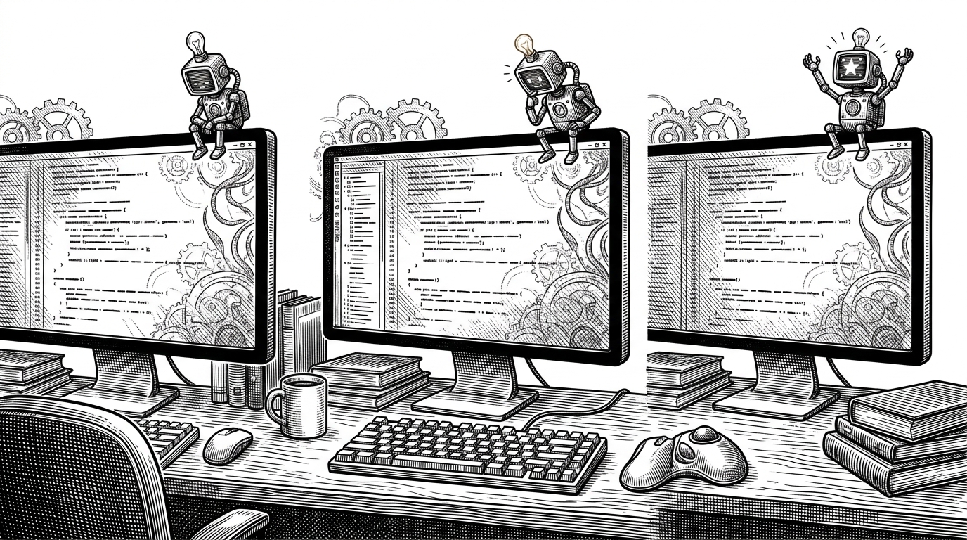 A wide editorial scene shows a developer terminal on a desk while a tiny companion sits at the screen edge and visibly changes posture as work progresses. The image explains Petdex as a visible heartbeat for AI agent activity, turning silent background work into a shared presence.