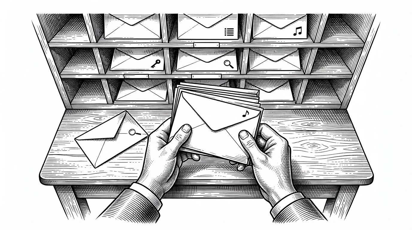 An overhead close-up of a mailroom sorting desk, drawn in black ink. A pair of hands slides envelopes into two wooden pigeonholes tagged SHARED and PERSONAL, each envelope stamped with a small symbol. One envelope sits half-turned, as if pulled back for re-sorting. The scene renders Spotifast's gateway routing as a physical act of sorting, with the half-turned envelope standing in for a playlist whose ownership is discovered mid-request.