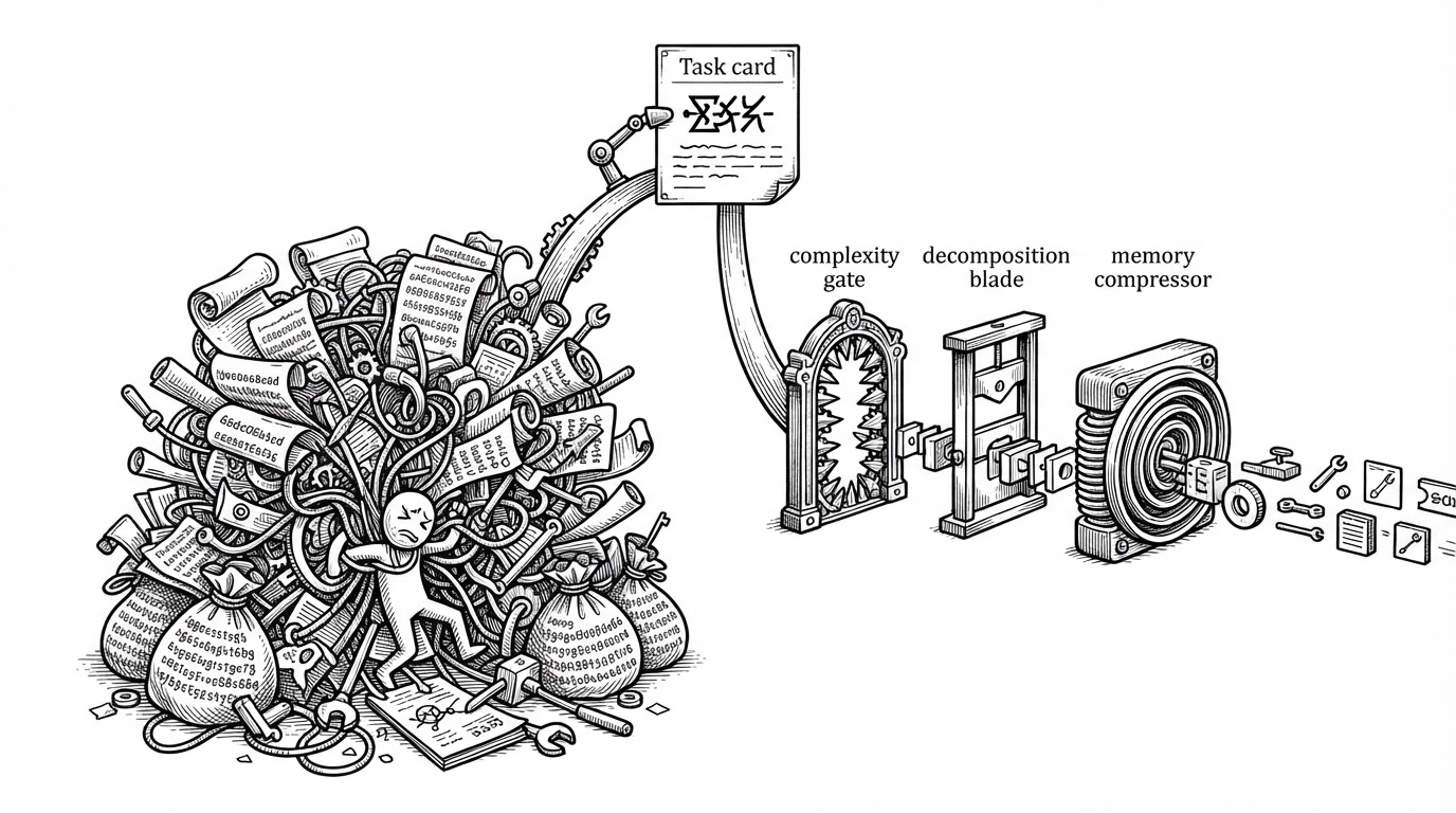 A close-up split scene where one path starts from a cluttered task bundle and stalls, while the other passes through compact routing stations and exits as a clean tool-call sequence. It explains why effGen routes work before spending context and reasoning budget.