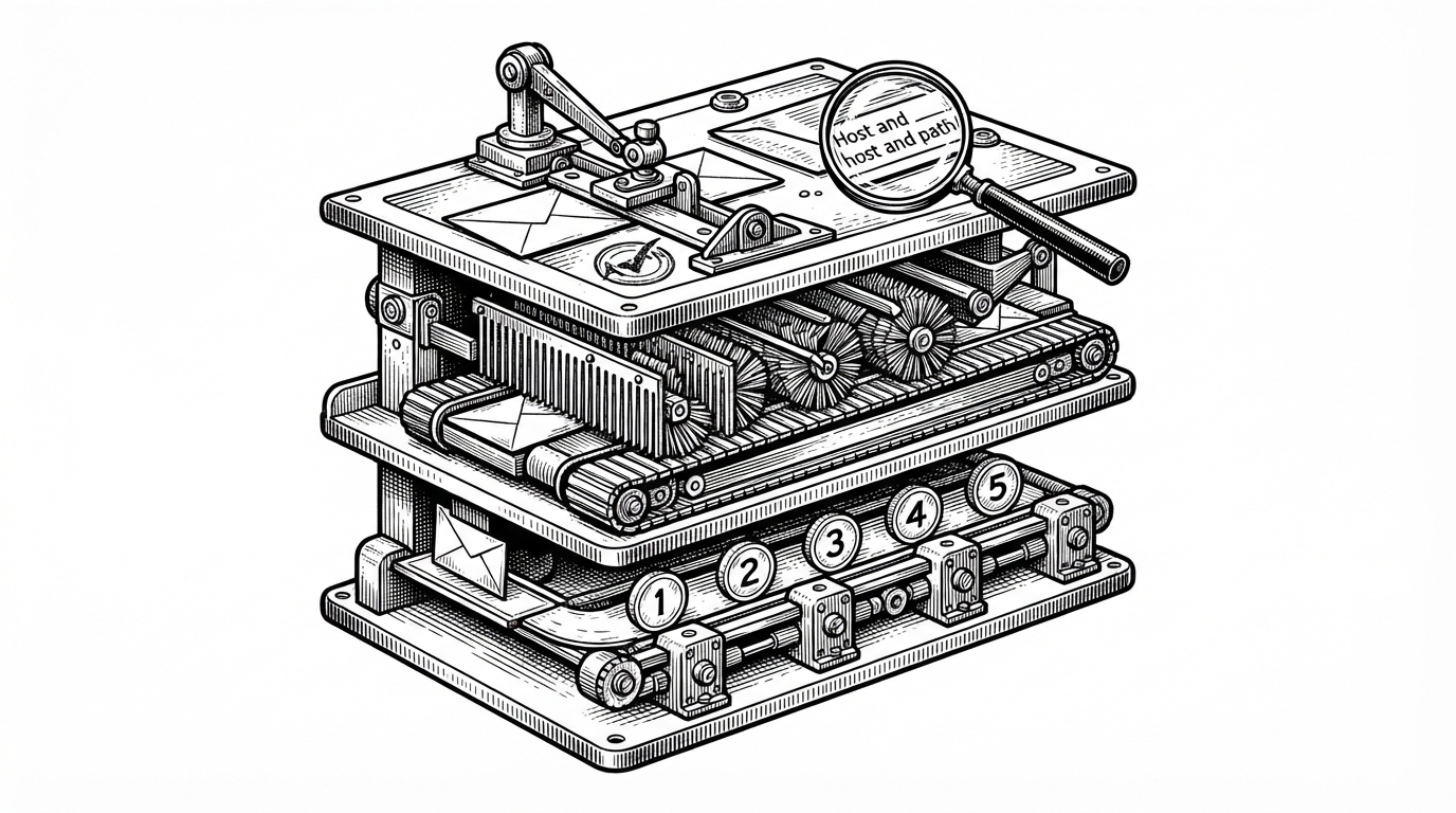 A layered mechanical cross-section shows a request moving through stacked inspection stages. The top layer checks host and path, the middle layers tag traffic and apply filters, and the bottom layer sends surviving requests into a Redis-linked sequence tracker. The image explains how Curiefense stages cheap checks before stateful flow logic.