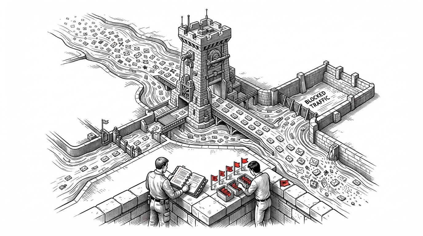 A fortified proxy tower stands at the center of streaming request traffic. Incoming paths split into pass, challenge, and block routes while a small Git-bound ledger guides the decision. The image explains Curiefense’s core idea: security decisions happen inside the proxy and can depend on request sequence, not just payload content.