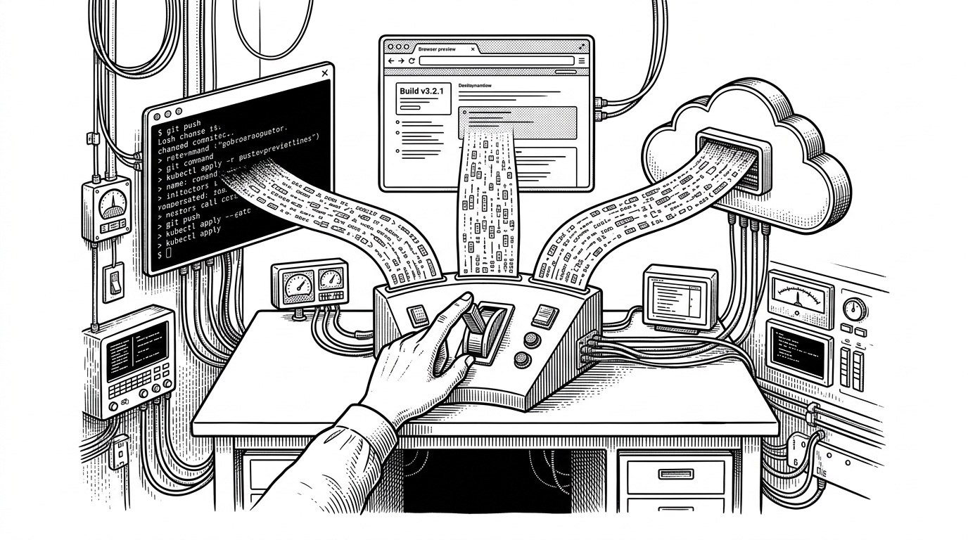A wide control-room scene with one editor-shaped console on a white desk and three output channels branching outward. A terminal, a browser preview, and a cloud node all receive the same stream from the center, showing that the same agent can move across surfaces without changing its core logic.
