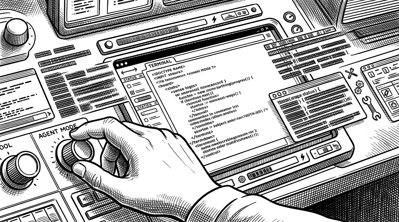 A close-up of a terminal interface surrounded by status panes, progress indicators, and a narrow command rail. The terminal sits at the center like a command desk, showing how a rich CLI can act as a first-class surface for agent control and feedback.