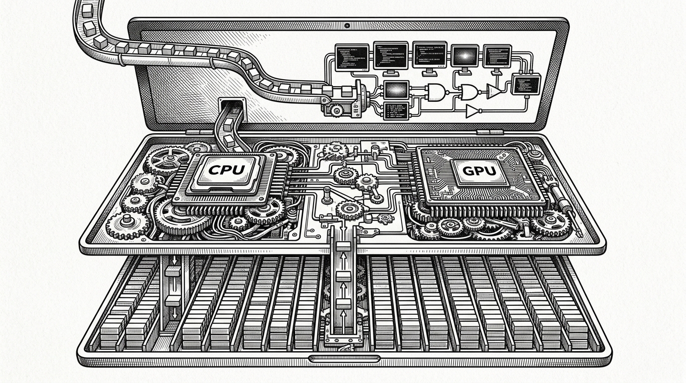 A wide editorial illustration of a laptop-like machine split into layers. Tokens flow into a compact inference pipeline on top, CPU and GPU cores work in parallel in the middle, and an SSD warehouse of expert modules sits underneath with only a few modules lifted upward at a time. The image explains that Flash-MoE treats storage as part of the runtime, not as a passive disk.