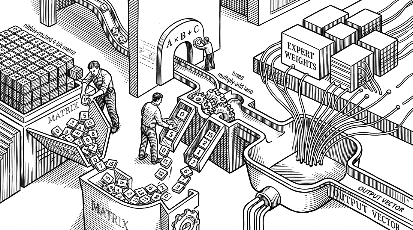 A close-up editorial illustration of a GPU kernel workbench. On one side, a nibble-packed 4-bit matrix is being unpacked. On the other, a small algebraic rearrangement turns multiply-and-add steps into a fused lane. Expert weights sit in a threadgroup buffer while reduction lines converge into a single output vector. The image explains how tiny arithmetic and memory-layout choices make the hot path fast.