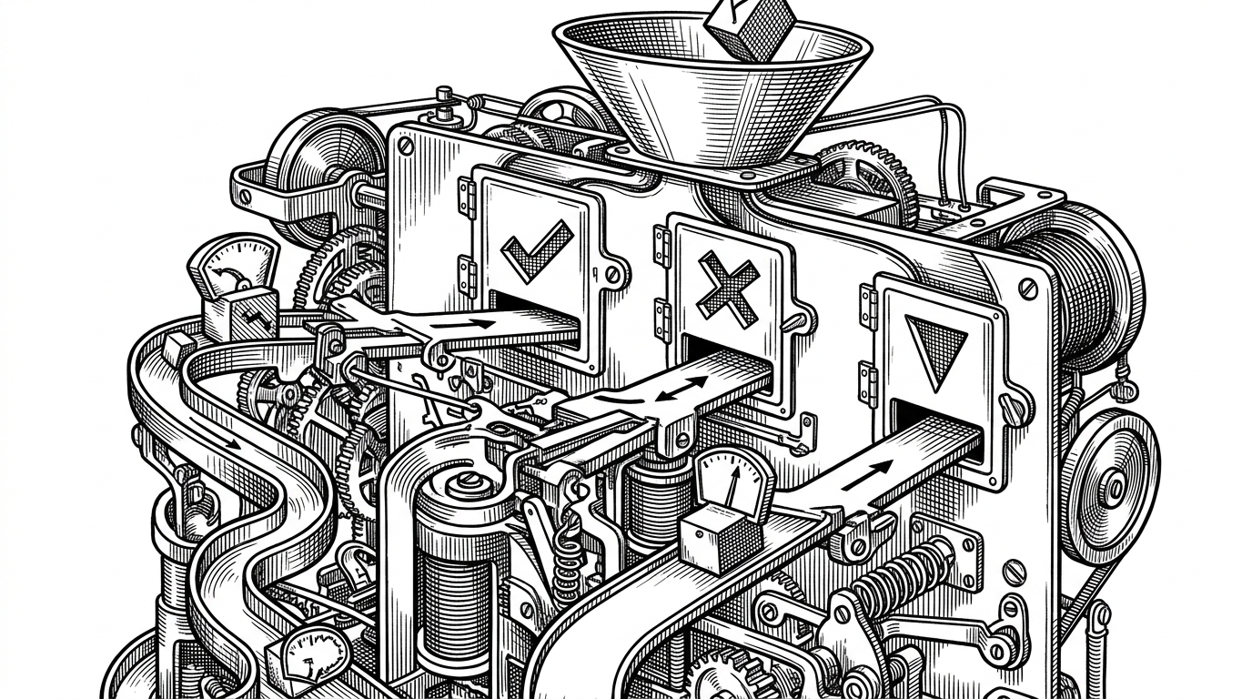 A close-up technical illustration shows a tiny switchboard with three routes for candidate solutions. One route accepts feasible candidates, another handles infeasible ones, and a third marks dominated cases. The image explains that constraint handling is the quiet rule that decides which solution moves forward first.