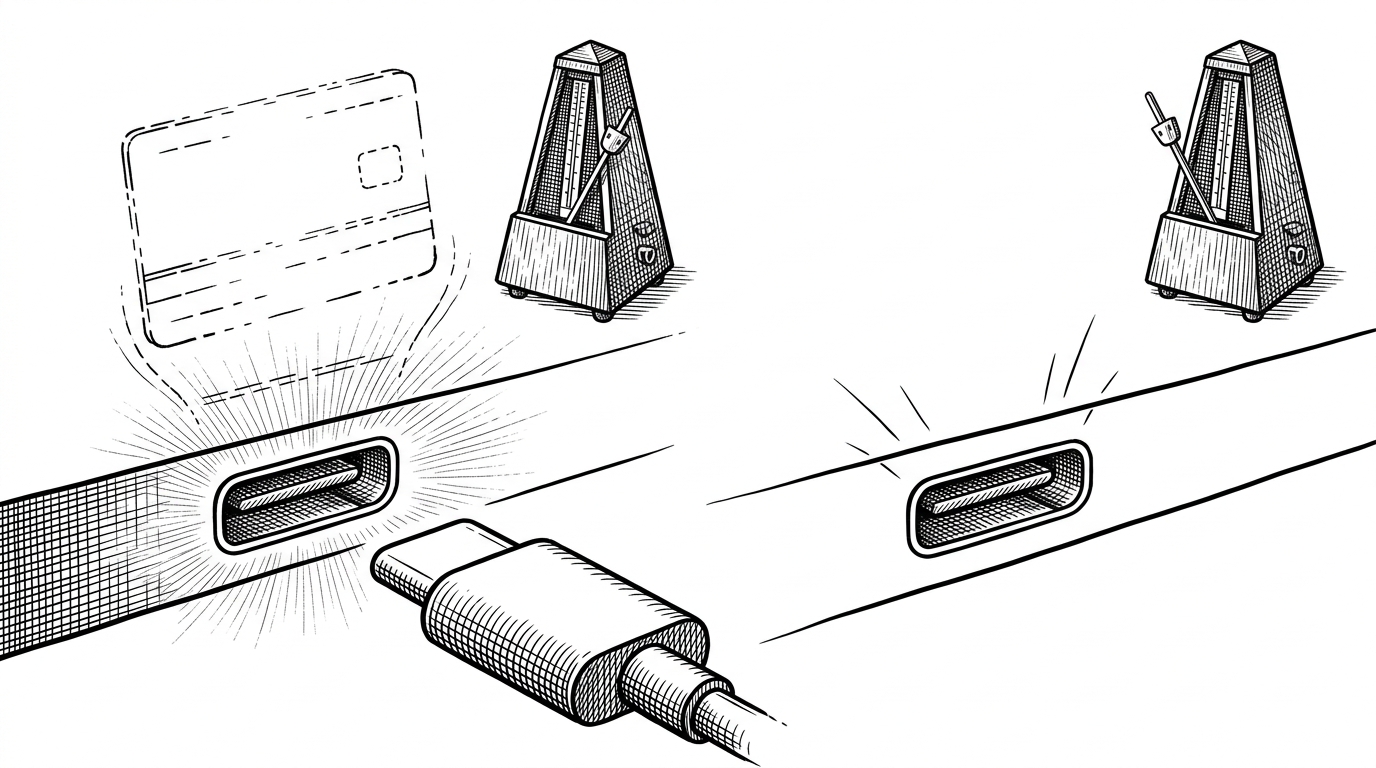 A close-up shows a USB-C port status card hovering over a Mac port after the cable has been removed. The port still appears connected for a moment, while a small metronome or ticking timer marks the delay before the stale state clears. The image explains the phantom-port bug and the app’s refresh logic.