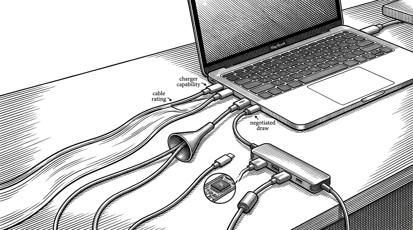 A MacBook sits on a white desk with three USB-C cables feeding a hub. One path looks clean and wide, one is visibly narrowed like a constricted channel, and one is shown with a small inset cross-section suggesting a hidden chip. The scene explains that identical connectors can negotiate very different power and data limits.