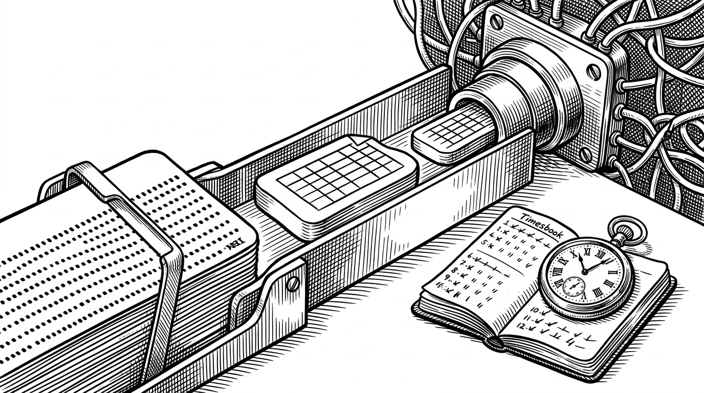 A tight close-up of a single file chunk sliding into a narrow channel beside a handwritten timing log and a pocket watch. It explains that blue_tides measures each frame hop, so latency is treated as a first-class output rather than an afterthought.
