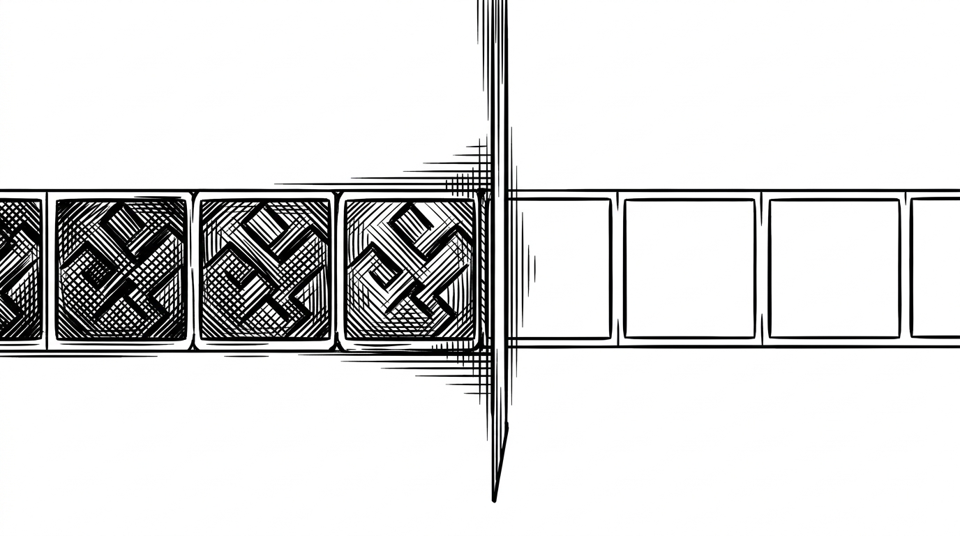 A close-up shows a single row of cells being rewritten from left to right, with a narrow sweep bar crossing the grid. Cells behind the bar are already changed while cells ahead remain original, which explains why in-place updates make traversal order matter.