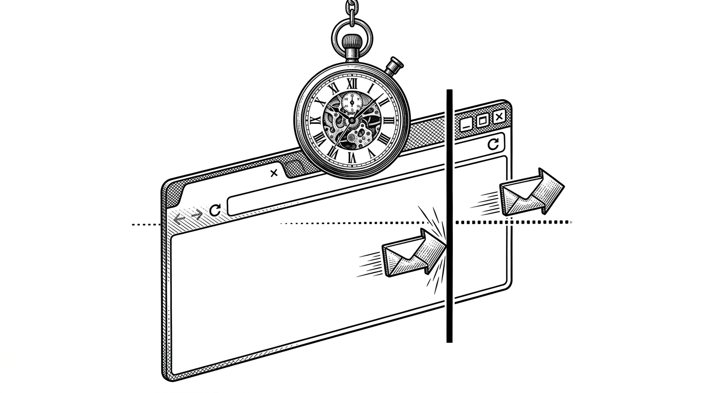 A stopwatch hangs over a newly created tab while a thin barrier holds back the first navigation request. A second later, a permission line cuts through and the request moves forward, showing that timing is part of the control logic.