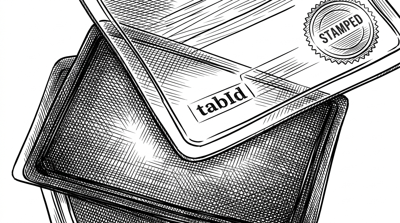 Two overlapping rule cards are shown in extreme close-up. The lower card is a global block notice, and the upper card is a brighter allow notice labeled with a tab-specific identifier, making the override relationship obvious.