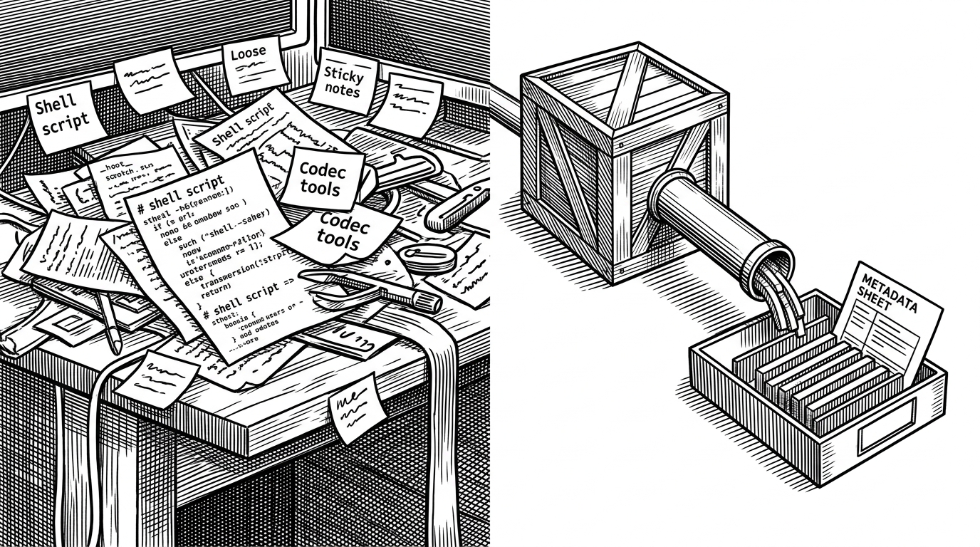A messy desk on the left is covered in tangled shell fragments, loose notes, and codec jargon, while the right side holds a single tidy Rust crate feeding a straight pipe of raw pixels and metadata. The image shows the difference between ad hoc video handling and a narrow preprocessing adapter.