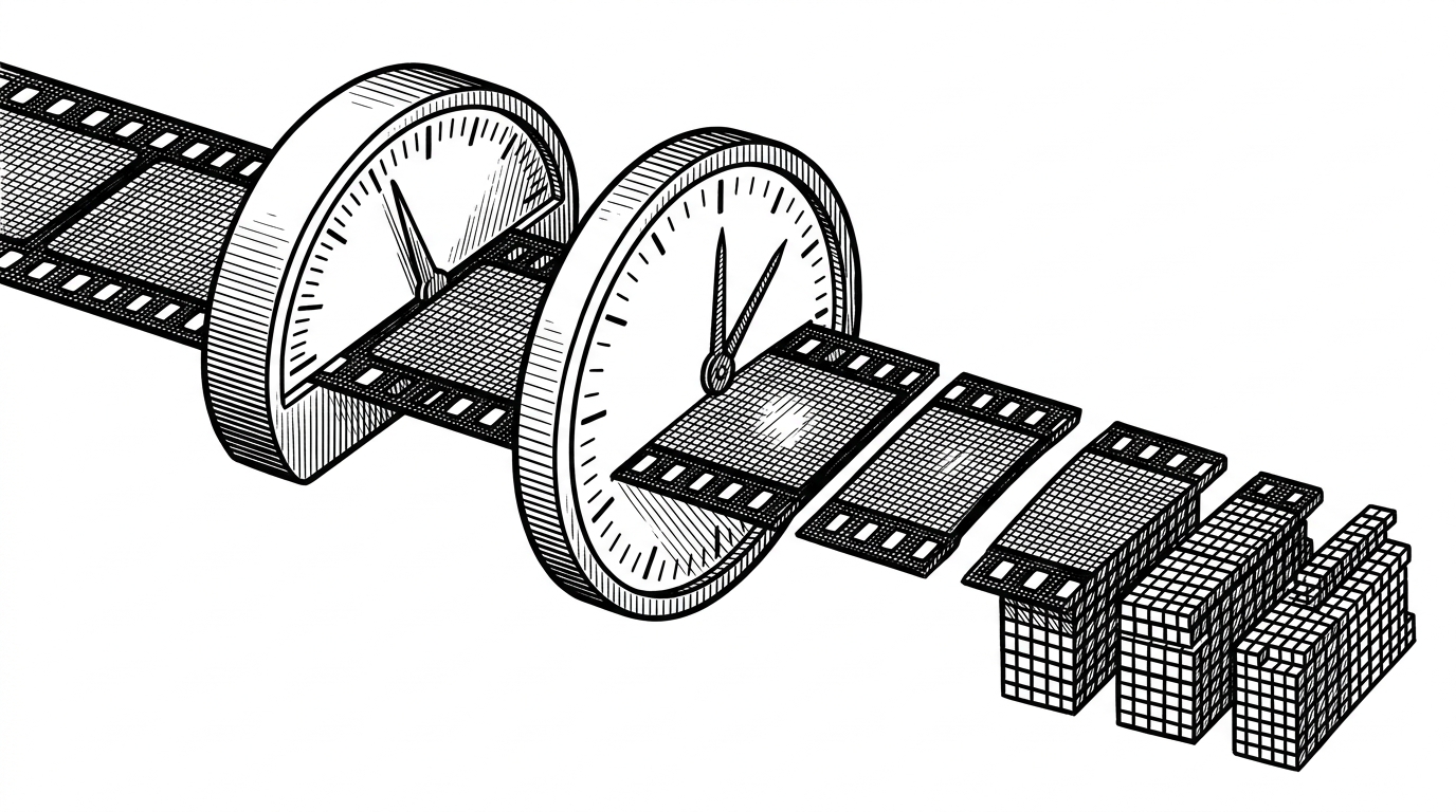 A close-up of a filmstrip passing through a measuring gauge, then breaking into evenly spaced segments before becoming tidy stacks of small pixel blocks. The image explains why fixed-width resizing and 1 FPS sampling make the output easy to predict and consume.