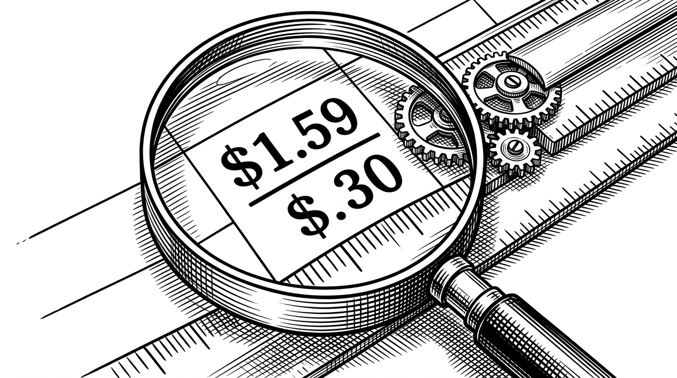 A magnifying glass hovers over a price written as a fraction on a ledger line, with tiny gears and measuring marks around it. The scene explains that pricing is modeled as exact arithmetic, not as a convenient approximation.