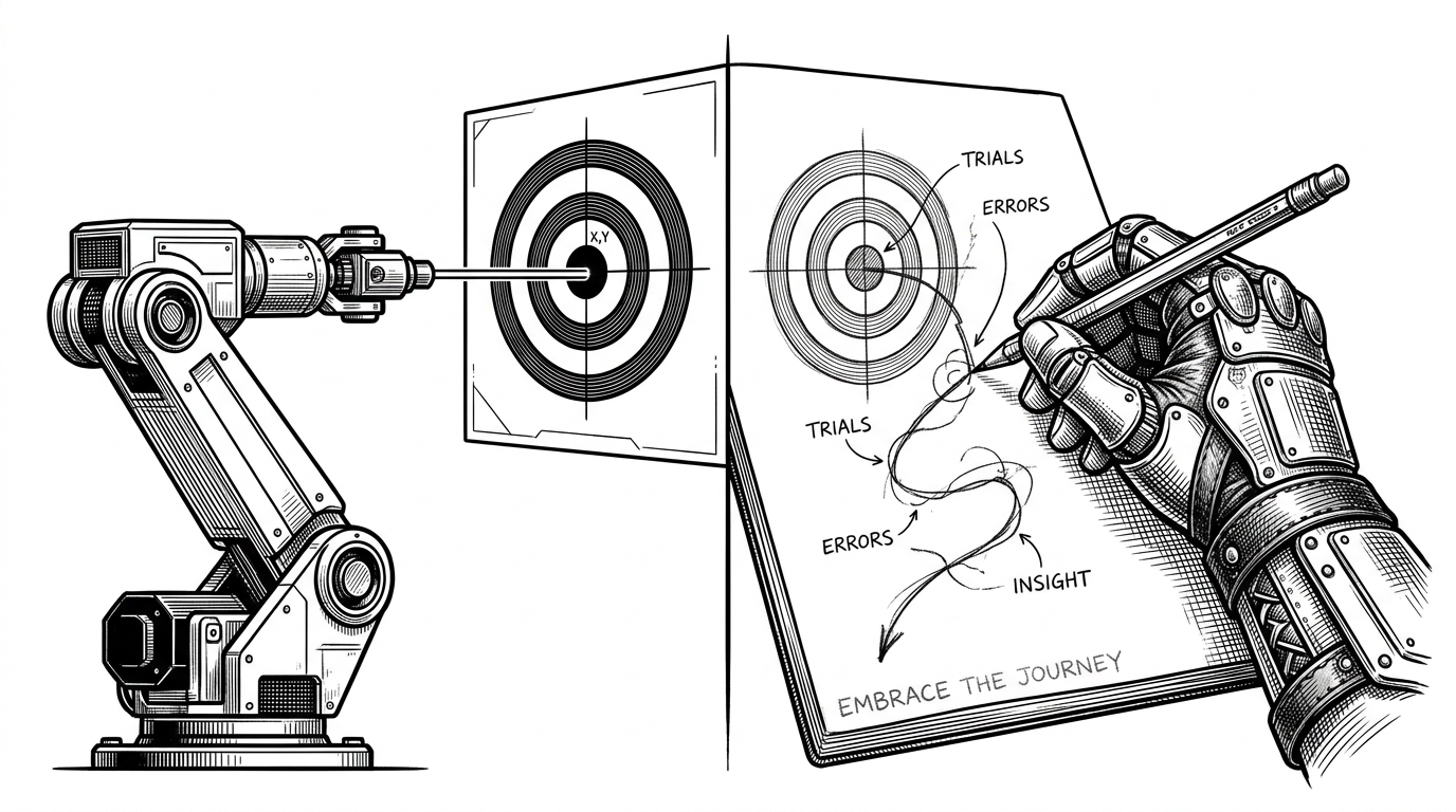 A split composition showing a rigid robotic arm hitting a target perfectly on the left, and a human hand sketching an erratic curve to the target on the right. This illustrates the difference between standard automation and Rustenium's HumanMouse.