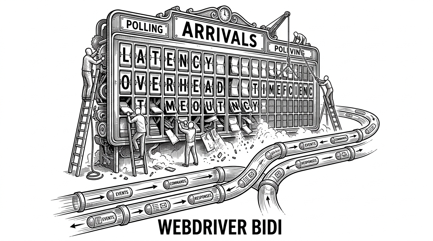 A massive, archaic mechanical train station arrivals board being dismantled while a sleek pneumatic tube system shoots messages back and forth. This contrasts the old polling-based WebDriver with the new bidirectional BiDi protocol.