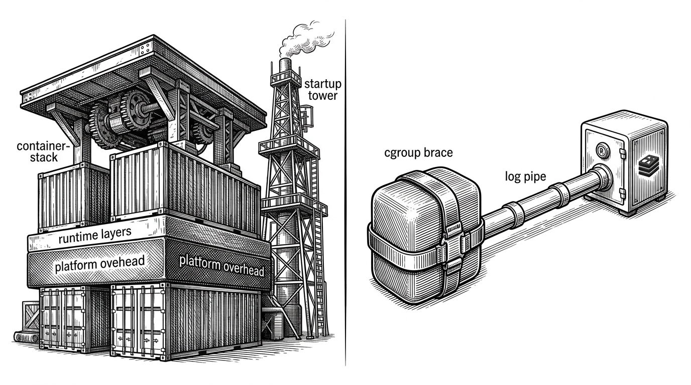 A split scene contrasts a layered container stack with a single Linux process wrapped by a cgroup ring. The left side looks like a tall tower with several overhead layers, while the right side is a stripped-down pipeline to Redis, showing the trade-off between abstraction and speed.