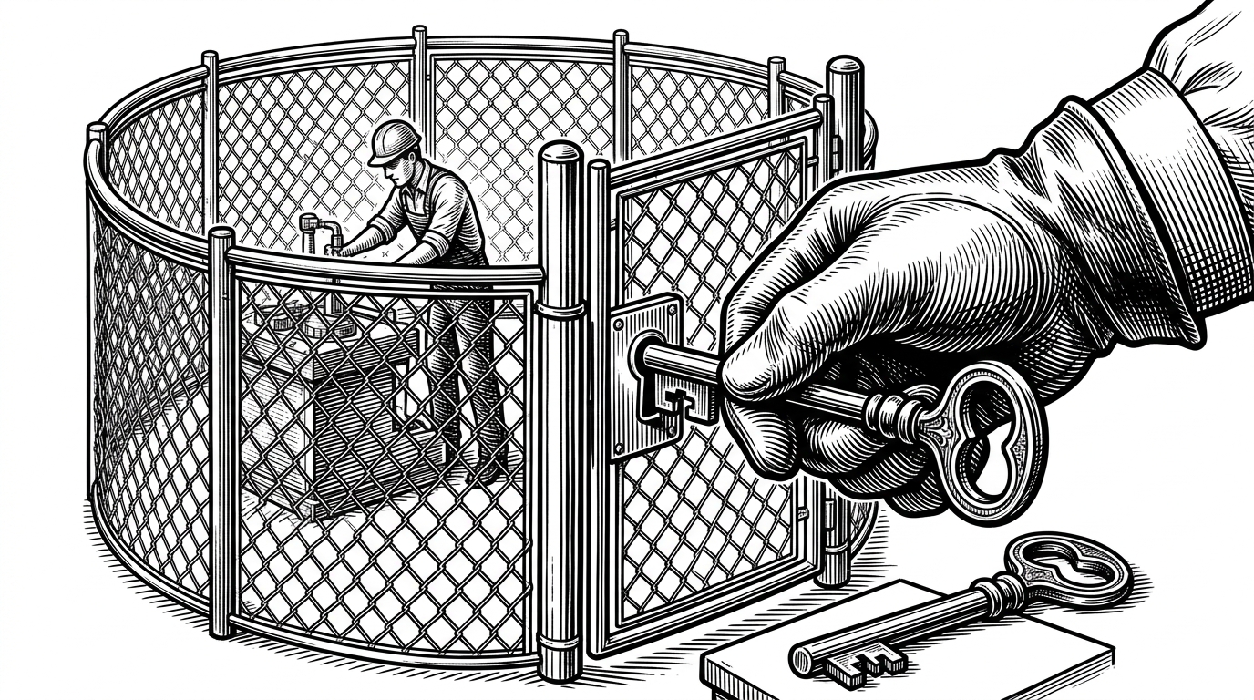 A close-up of a heavy key turning a gate closed around a small running process, while the key is already being set aside. The image explains the repo's trust model: privilege exists only long enough to create the boundary, then the handler runs unprivileged inside it.