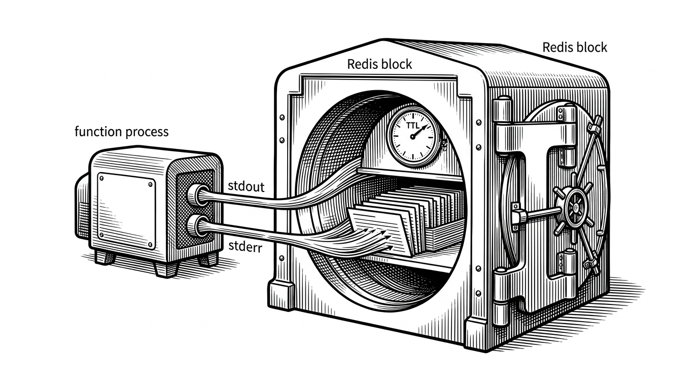 A function emits two streams, stdout and stderr, into a vault-shaped Redis block where execution records stack like index cards. The image shows Redis acting as the platform's memory layer, not just a storage cache.