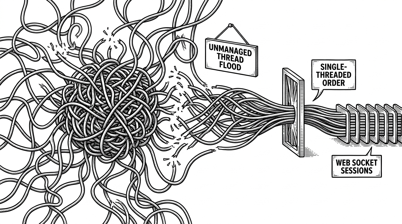 A split-panel comparison where the left side shows a knot of threads trying to open too many connections at once, while the right side shows the same stream passing through a narrow gate and emerging in orderly lines. The image explains why bounded fan-out is safer than unbounded spawning.