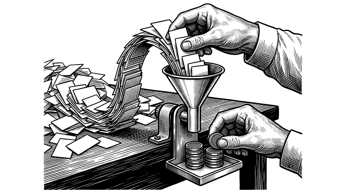 A close-up of two hands at a workbench, one feeding an endless stack of identical cards into a funnel while the other counts tokens at the opening. The image clarifies the difference between backlog size and active concurrency.
