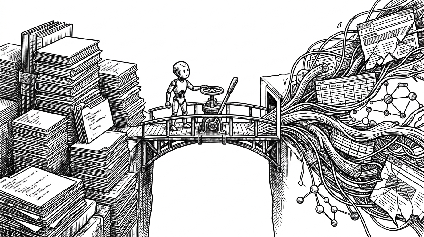 A close-up editorial scene shows a narrow bridge separating static source files on one side from live runtime signals on the other. On the runtime side are logs, database rows, and a browser viewport, while a small agent figure stands at the bridge deciding what evidence to inspect.