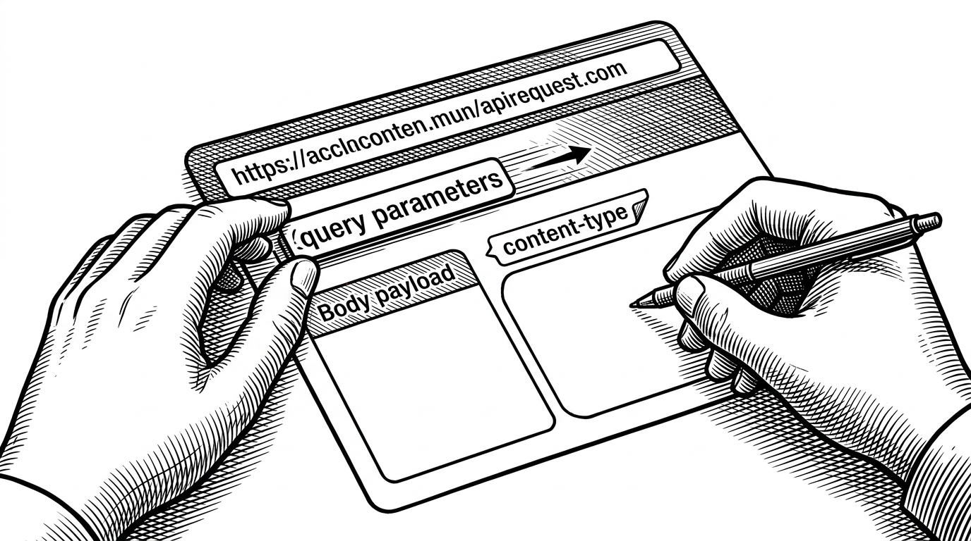 A close-up of a request card where one change to query parameters visibly reshapes the URL, while editing the body updates the payload area below. The scene explains that the library's object model keeps traffic editable instead of forcing low-level flow manipulation.