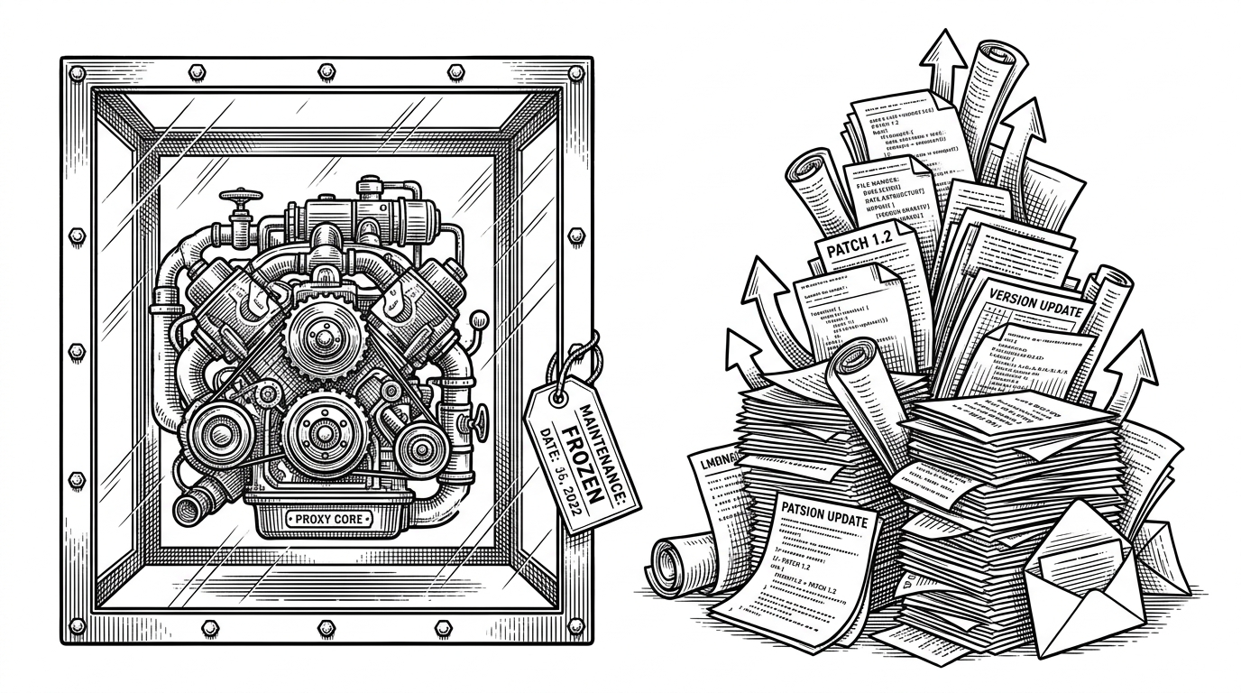 A frozen proxy core sits in a glass case on one side, while update streams and patch notes pile up on the other. The image explains the stability-versus-maintenance tradeoff created by bundling third-party proxy code inside the repository.