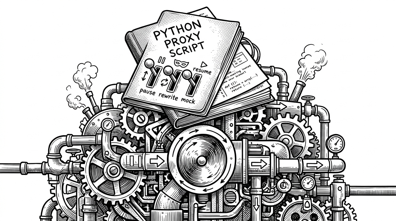 A small readable Python script sits on top of a dense machine of gears, queues, and an invisible event loop. The script pulls levers labeled pause, rewrite, mock, and resume, showing how a thin API can control a complicated core without exposing all of it to the user.