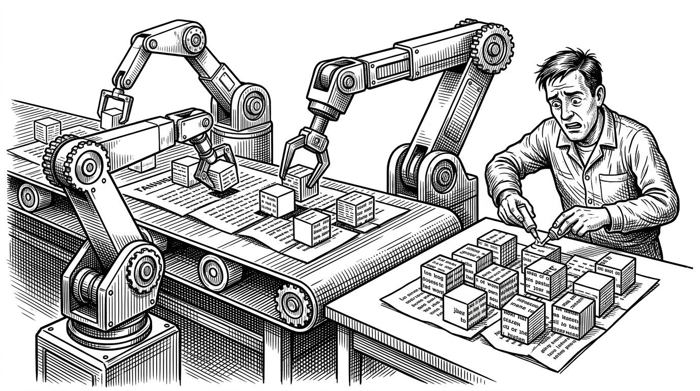 A conveyor belt where a document is chopped into cubes by robot arms, and a worker fails to glue them back together.