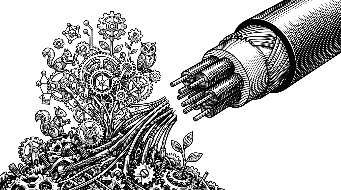 An extreme close-up of a cleanly severed fiber-optic cable. The right side is dark, while the left side has rooted into mechanical soil, sprouting a self-contained clockwork ecosystem. This represents an air-gapped system operating independently of the internet.