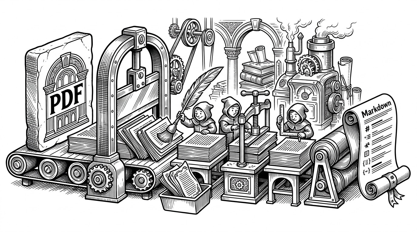 A single oversized PDF enters a document factory as a heavy slab, then gets cut into smaller stacks and routed to several worker stations before becoming a clean Markdown scroll on the far side. The scene explains the article's central idea: one document can be broken into many jobs so the system can work in parallel instead of waiting on one long parse.