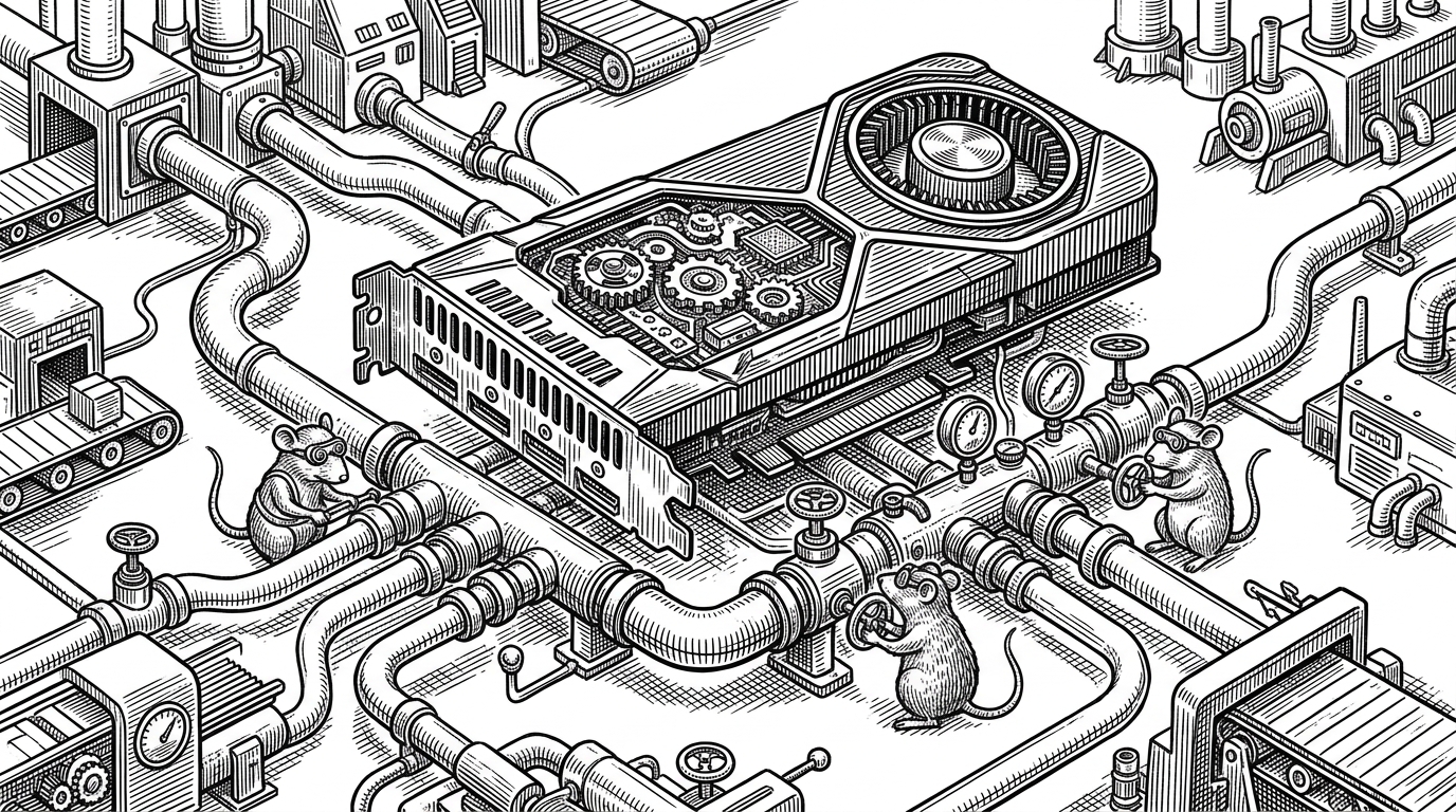 A close view of one GPU drawn like a shared engine, with several worker pipes feeding into it through a manifold and pressure gauges showing load balance. It explains why MPS matters here, because several processes can share one accelerator more efficiently than a single process hogging the device.