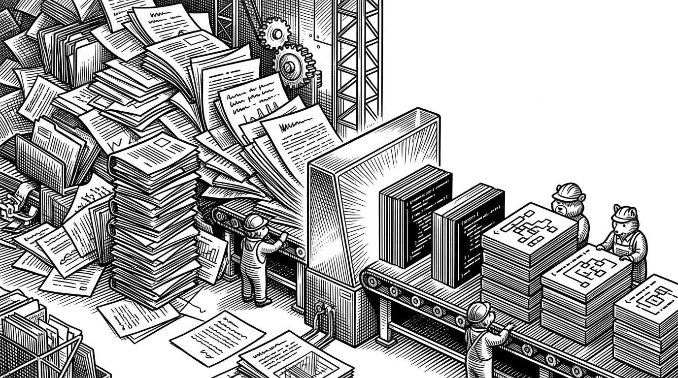 A chaotic mountain of paper documents being fed into a glowing prism, emerging as perfectly aligned geometric blocks of code. This illustrates Marker turning unstructured legacy PDFs into structured machine data.