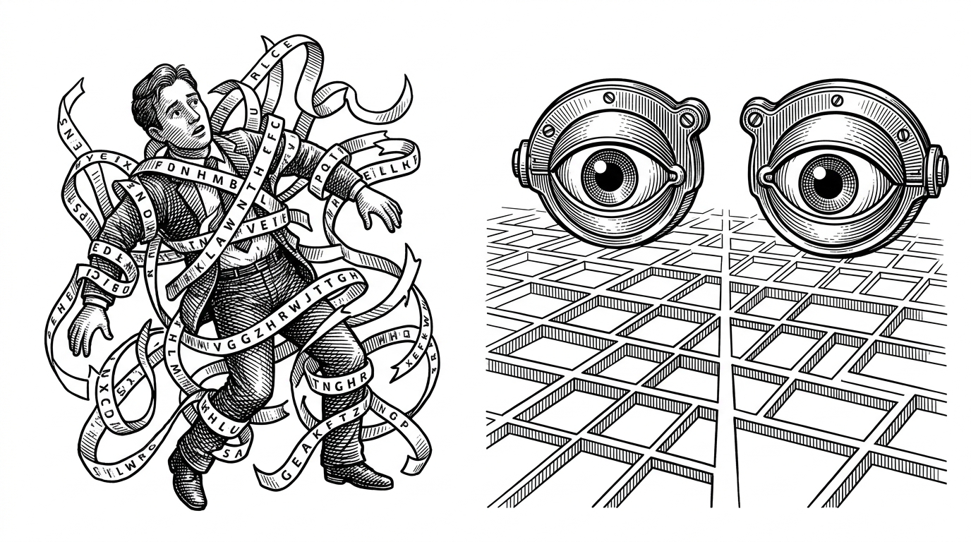 A split screen comparing a tangled ribbon of ticker tape to mechanical eyes scanning an architectural grid. This shows the difference between traditional text-stream extraction and Marker's top-down structural approach.