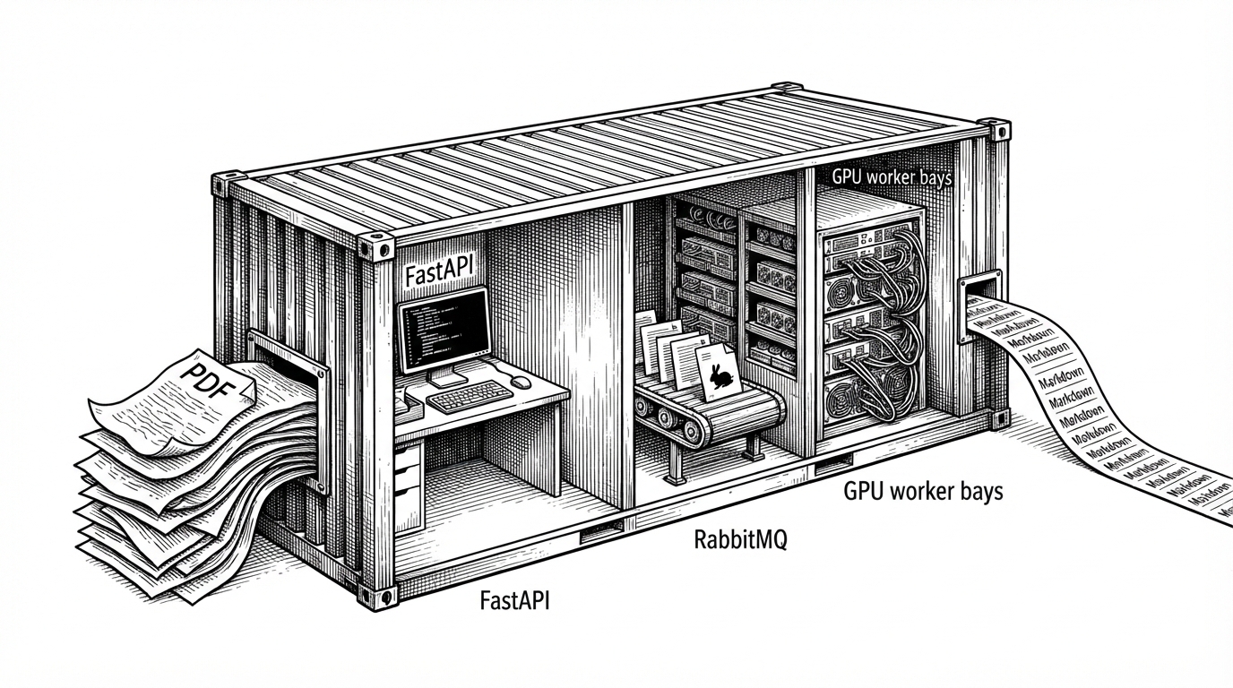 A shipping container opened like a cutaway diorama, with three internal zones: an API desk in front, a conveyor of queued jobs in the middle, and GPU worker bays at the back. PDFs enter on one side and a clean ribbon of Markdown exits on the other, showing how the repository packages distributed processing into a single deployable unit.